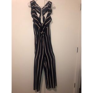 Navy blue Striped Romper, Ruffled top and back out
